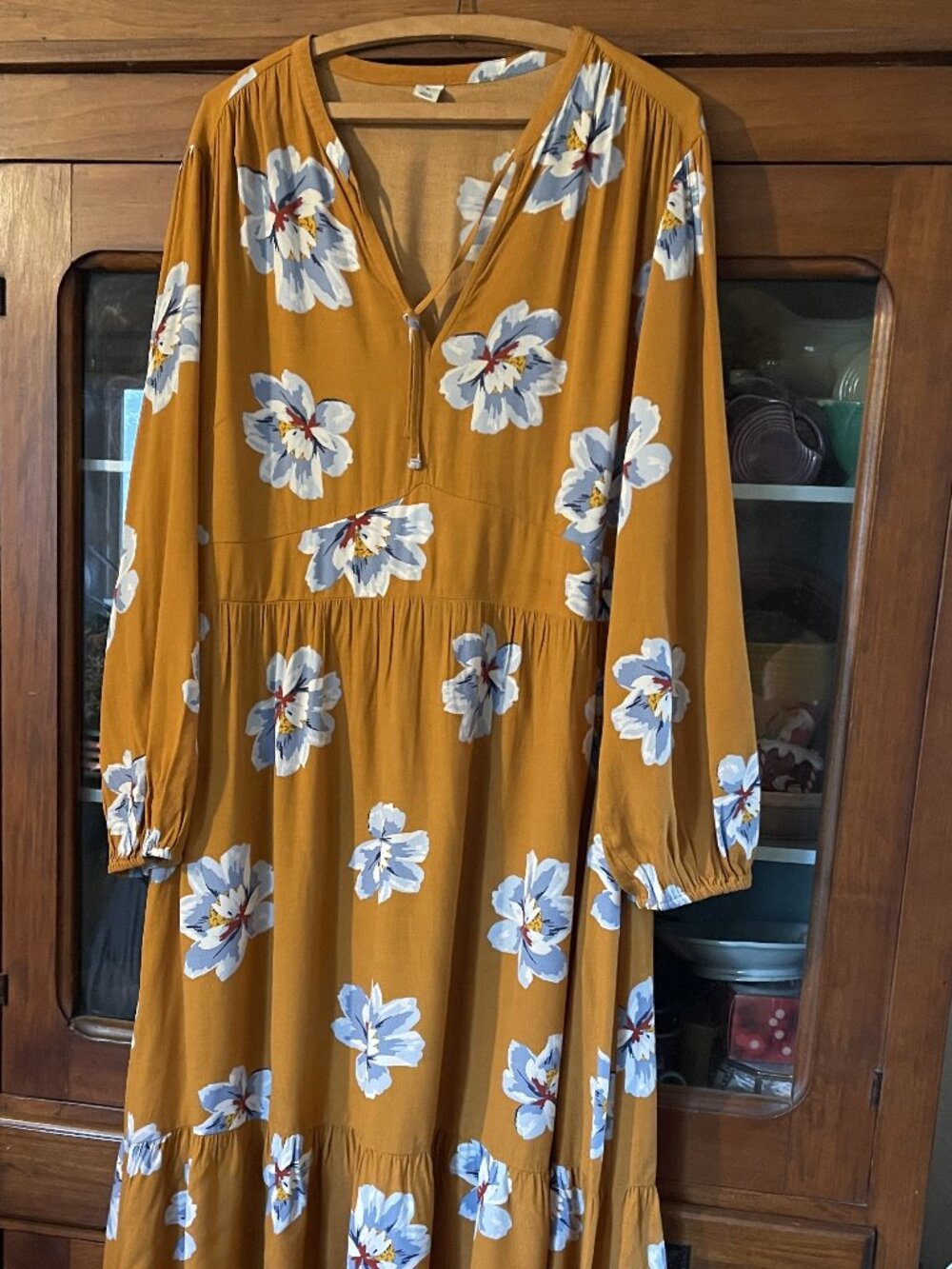 Old Navy Yellow (Gold) w/Blue Flowers Boho Maxi Dress - Size XL